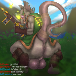 anthro anus arbalist balls bandage big_balls big_butt big_tail bodily_fluids bottomless buckteeth butt chat chat_box cheek_tuft cloak clothed clothing crossbow crouching eyewear eyewear_on_head facial_tuft fingerless_gloves footwear fumes fur genitals glistening glistening_anus glistening_balls glistening_body glistening_genitalia glistening_tail gloves goggles goggles_on_head grass green_cloak green_clothing grey_body grey_fur grin handwear holding_crossbow holding_object holding_weapon kerchief long_tail looking_at_viewer looking_back male mountain musk notched_ear outside perineum pink_eyes pink_nose plant presenting presenting_hindquarters raised_tail ranged_weapon rat_tail red_kerchief red_scarf scarf shrub sky smelly smile solo stink_fumes sweat sweatdrop sweaty_anus sweaty_balls sweaty_butt sweaty_genitalia tail tail_anus teeth text toeless_footwear tuft weapon draeusz league_of_legends riot_games tencent twitch_(lol) mammal murid murine rat rodent 1:1 absurd_res english_text hi_res
