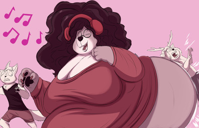 afro anthro butt_bump clothing dancing electronics eyewear female glasses group headphones hip_bump male musical_note musical_symbol obese obese_female overweight overweight_female panicking size_difference sweater symbol topwear trio shenzel beth_(shenzel) bear brown_bear canid canine canis deer grizzly_bear mammal ursine wolf absurd_res hi_res