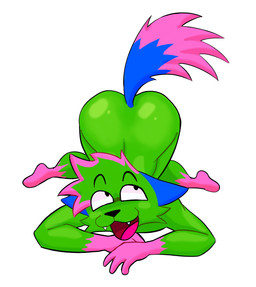 all_fours anthro ass_up blue_ears blue_tail fur green_body jandroline male nude open_mouth pink_body pink_fur sharp_teeth simple_background solo tail teeth tongue white_background epic_face kevin_(nyanwolf) felid mammal 2025 absurd_res digital_media_(artwork) hi_res