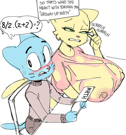4_fingers 5_fingers age_difference anthro big_breasts black_eyes blue_body blush bodily_fluids breast_rest breasts clothing duo female fingers green_sclera holding_object homework huge_breasts hyper hyper_breasts male nipples older_female open_mouth paper sweat text torn_clothing whiskers yellow_body young young_anthro young_male younger_male dbaru cartoon_network microsoft prequel_adventure the_amazing_world_of_gumball the_elder_scrolls gumball_watterson katia_managan domestic_cat felid feline felis khajiit mammal crossover english_text hi_res