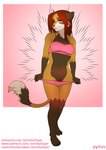 4_toes anthro barefoot blue_eyes bra breasts brown_body brown_fur claws clothing feet female fur genitals hair looking_at_viewer plantigrade pussy red_hair simple_background smile solo standing text toes underwear undressing synnfultiger canid mammal 2021 absurd_res hi_res url