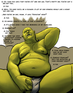 bald balls belly big_balls bodily_fluids clothed clothing dialogue foreskin genitals green_body green_skin hand_in_head humanoid_genitalia humanoid_penis interview long_foreskin male masturbation nipples not_furry overweight overweight_humanoid overweight_male penile penile_masturbation penis raised_arm realistic_penis_size sitting small_penis solo sweat text topless tusks underwear unretracted_foreskin cureboltium humanoid orc 2017 digital_media_(artwork) english_text hi_res portrait three-quarter_portrait