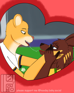 anthro ball bodily_fluids clothing female female/female female_anthro kiss_cam kiss_on_lips kissing mascot saliva saliva_on_tongue saliva_string soccer_ball soccer_field soccer_jersey soccer_uniform sportswear text uniform hoodsy 2020_tokyo_olympics club_universidad_nacional liga_mx royal_australian_mint goya_(pumas_unam) surfing_kangaroo_(olympics_australia) cougar felid feline kangaroo macropod mammal marsupial absurd_res english_text hi_res