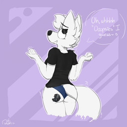 anthro big_butt butt butt_crush car clothed clothing crush destruction gesture panties partially_clothed shrug speech_bubble stuck_to_butt tail underwear vehicle vehicle_destruction dudem arctic_fox canid canine fox mammal true_fox 1:1 hi_res