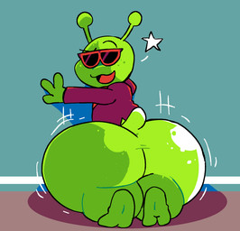 2_toes ambiguous_gender antennae_(anatomy) barefoot big_butt bottomless butt butt_shot clothed clothing eyewear feet glistening glistening_butt green_body green_skin hands_against_wall huge_butt hyper hyper_butt looking_at_viewer looking_back looking_back_at_viewer open_mouth presenting presenting_hindquarters simple_background smug_grin soles solo star sunglasses sunglasses_on_face thick_thighs toes topwear topwear_only wearing_sunglasses wide_hipped_humanoid wide_hips wiggle_lines wobble pawplants alien_(ufo_50:_party_house) alien humanoid hi_res