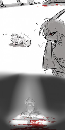 ambiguous_gender blood bodily_fluids claws duo eyes_closed feral front_view fur horn red_eyes simple_background sitting standing tenebscuro nintendo pokemon absol generation_3_pokemon generation_7_pokemon pokemon_(species) rockruff 2026 absurd_res digital_drawing_(artwork) digital_media_(artwork) hi_res long_image tall_image