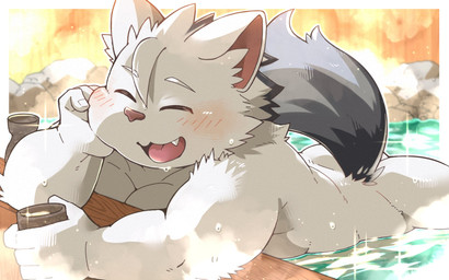 anthro bathing blush butt flirting flirting_with_viewer fur hot_spring kemono male nude overweight pupils slit_pupils smile solo water white_body white_fur kemo_nikomi tamacolle chikuzen_(tamacolle) hi_res