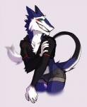 black_body black_fur bottomwear clothed clothing cropped_jacket femboy fur hotpants looking_at_viewer male purple_body purple_fur shorts smile solo tail teal_eyes teeth white_body white_fur gonewiththefart mammal sergal digital_media_(artwork)