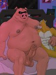 anthro armpit_sniffing balls big_balls big_penis blush bodily_fluids body_hair canid canine chest_hair cosmic_background domestic_pig duo foreskin fox fox_mccloud fur genitals girly hairy hi_res jerking male mammal musk nintendo overweight pecs penis pigma_dengar pink_body pink_skin pits size_difference skinny sniffing space space_background spikysketches star_fox suid suina sus_(pig) sweat yellow_body yellow_fur