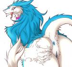 anthro anus blue_body blue_eyes blue_fur blue_hair breasts butt collar female fur genitals hair nude pussy solo tail tongue white_body white_fur kanevex valkyrie_the_corrupt_sergal mammal sergal hi_res