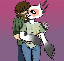 anthro beak beard blush bottomwear brown_eyes brown_hair clothing denim denim_bottomwear denim_clothing duo facial_hair feathers female female_on_human hair hidden_eyes hug hugging_another hugging_from_behind human_on_anthro interspecies jacket jeans kissing male male/female male_on_anthro open_mouth pants shirt standing t-shirt tail tail_feathers topwear white_body ironwill coda_(vn) ava_montblanc_(coda) accipitriform avian bird human mammal secretary_bird