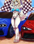 4_toes 5_fingers aligned_feet anthro barefoot bikini bikini_bottom bikini_top black_nose blonde_hair blue_eyes breasts car checkered checkered_flag claws cleavage clothed clothing day detailed_background digitigrade dual_holding eyebrows eyelashes feet female fingers flag flag_(object) fur hair heterochromia hindpaw holding_flag holding_object humanoid_hands inner_ear_fluff long_hair looking_at_viewer midriff navel nipple_outline outside pawpads paws race_queen sky smile solo standing swimwear toe_claws toes tuft two-piece_swimsuit under_boob vehicle white_body white_fur yellow_eyes redcreator sadie_(desertpunk06) american_eskimo canid canine canis domestic_dog mammal spitz 2021 digital_media_(artwork) hi_res signature