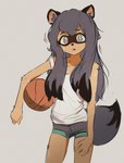 alternate_hairstyle anthro ball basketball basketball_(ball) basketball_uniform black_hair blue_eyes bodily_fluids bottomwear brown_nose clothed clothing female front_view fur grey_background grey_bottomwear grey_clothing grey_hair grey_shorts hair holding_ball holding_object hotpants long_hair looking_at_viewer open_mouth shirt shorts simple_background slim_anthro slim_female solo sportswear sweat tail tan_body tan_fur tank_top thigh_gap topwear uniform white_clothing white_shirt white_tank_top white_topwear butterchalk brand_new_animal studio_trigger michiru_kagemori canid canine mammal raccoon_dog tanuki 2021 portrait three-quarter_portrait