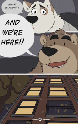 anthro apartment apartment_building biped black_eyebrows black_eyes black_nose brown_body brown_fur building car clothed clothing detailed_background dialogue duo exclamation_point eyebrows fully_clothed fur fur_markings hair hat headgear headwear inside inside_car inside_vehicle internal male markings monotone_body monotone_fur multicolored_body multicolored_fur neck_tuft night open_mouth patreon_logo patreon_username plant raining speech_bubble text topwear tree tuft twitter_logo vehicle white_body white_fur worried vitashi patreon twitter bear canid canine canis domestic_dog mammal 2024 artist_name comic detailed digital_media_(artwork) english_text hi_res sequence signature