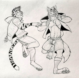 anthro athletic athletic_anthro athletic_male barefoot bottomwear claws clothed clothing dancing duo electronics feet finger_claws front_view glistening glistening_eyes hair head_tuft headphones headphones_around_neck jacket looking_aside male male_anthro markings navel open_clothing open_jacket open_mouth open_topwear pants pawpads short_hair shorts side_view smile striped_arms striped_markings striped_tail stripes tail tail_markings toe_claws topwear tuft hufnaar felid mammal pantherine tiger monochrome sketch
