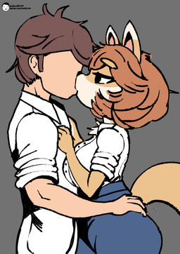 anthro bottomwear brown_hair clothing collared_shirt countershading dipstick_ears ear_markings faceless_character faceless_male female hair male multicolored_ears pleated_skirt shirt skirt solo topwear voider_(artist) bully_fox canid canine fox mammal absurd_res hi_res