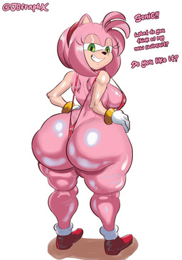 accessory anthro big_breasts big_butt bracelet breasts butt clothing dialogue female footwear gloves green_eyes grin hair_accessory hairband hand_on_hip handwear jewelry looking_back narrowed_eyes one-piece_swimsuit pink_body shoes side_boob simple_background sling_bikini smile solo swimwear tailless tan_body tan_skin thick_thighs white_background j8fraphx2 sega sonic_the_hedgehog_(series) amy_rose eulipotyphlan hedgehog mammal absurd_res hi_res