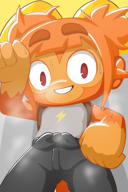 anthro biped black_bottomwear black_clothing black_pants bodily_fluids bottomwear clothing female female_anthro hair hair_bun looking_at_viewer low-angle_view orange_body orange_hair pants shirt sweat tank_top topwear twin_buns vulapa bloons_tower_defense ninja_kiwi rosalia_(bloons) haplorhine mammal monkey primate 2:3 hi_res