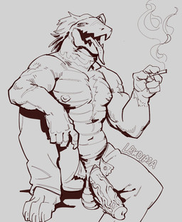 anthro balls big_balls big_penis bottomwear clothed clothing genitals glans hair male muscular muscular_anthro muscular_male navel nipples open_bottomwear open_clothing open_pants pants pecs penis simple_background smoke tongue tongue_out lewdiasa scalie digital_drawing_(artwork) digital_media_(artwork) hi_res sketch