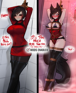 bdsm big_breasts black_bikini_top black_clothing black_hair black_latex black_legwear black_tail black_thigh_boots black_thigh_highs blush bodily_fluids bondage boots bound breastless_clothing breasts candle clothing dialogue female fluffy fluffy_tail footwear fox_ears gameplay_mechanics hair hands_tied high_heeled_boots high_heels human_to_humanoid latex latex_boots latex_clothing latex_footwear latex_legwear latex_thigh_boots latex_thigh_highs legs_tied legwear leotard nipple_outline red_clothing red_leotard restraints rope rope_bondage shoes solo species_transformation sweat tail text thigh_boots thigh_highs transformation ehrrr capcom resident_evil ada_wong animal_humanoid canid canid_humanoid canine canine_humanoid fox_humanoid human humanoid mammal mammal_humanoid 2025 absurd_res english_text hi_res