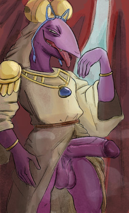 5_fingers anthro aroused_face balls bell_hat big_balls big_penis bodily_fluids bracelet clothed clothing clothing_aside curtains detailed_background drooling epaulet erection fangs fingers foreskin front_view gem genitals glans gold_(metal) gold_bracelet gold_jewelry gold_necklace headdress headgear headwear humanoid_genitalia humanoid_penis jewelry looking_at_viewer male musk narrowed_eyes necklace open_mouth open_smile penis pervy_squint purple_balls purple_body purple_glans purple_penis purple_skin retracted_foreskin robe saliva smile solo squint standing tan_clothing tan_headwear tan_robe teeth tongue tongue_out nobodyshouse yu-gi-oh! orion_the_battle_king duel_monster lizard reptile scalie 2026 digital_drawing_(artwork) digital_media_(artwork) hi_res