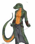 anthro armor bottomwear bracers clothed clothing garrote green_body green_scales leather loincloth looking_at_viewer male scales scar solo topless koshkio serpentarius lizard reptile scalie hi_res