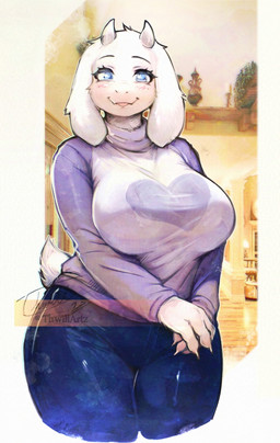 2_horns anthro antlers big_breasts blep blue_eyes blush bottomwear breasts clothed clothing denim denim_bottomwear denim_clothing female fur horn huge_breasts jeans long_ears pants scut_tail short_tail solo standing sweater tail thick_thighs tongue tongue_out topwear white_body white_fur wide_hips thwillartz undertale_(series) toriel boss_monster_(undertale) bovid caprine goat mammal hi_res