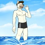 areola athletic athletic_male beard bulge clothed clothing facial_hair legs_in_water male mustache navel nipples partially_submerged sea solo submerged_legs swimming_trunks swimwear topless water fuze wolfgang_(fuze) canid canine canis domestic_dog mammal 1:1 hi_res