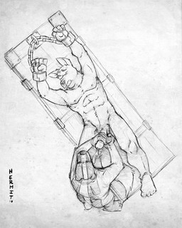 anthro anthro_on_anthro ball_grab balls bdsm bed bed_bondage bird's-eye_view bodily_fluids bondage bound chain chained clenched_teeth cuff_(restraint) cum duo ejaculation erection eyes_closed feet furniture genital_fluids genitals handjob hands_above_head high-angle_view humanoid_feet iron_cuffs looking_pleasured lying male male/male metal_cuffs nude on_back orgasm_face penile penis plantigrade restraining_table restraints sex shackles tail teeth k-9 hermit_badger badger canid canine canis domestic_dog mammal mustelid musteline 4:5 graphite_(artwork) greyscale monochrome traditional_media_(artwork)