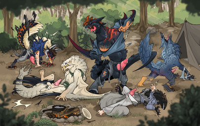 all_fours anthro anus bodily_fluids bottomwear camp campfire campsite claws clothing detailed_background eyewear fangs genital_fluids genitals glasses group horn knot lying male mid_transformation open_mouth outside pants penis plant precum shirt standing tail teeth tent tongue tongue_out topwear torn_bottomwear torn_clothing torn_pants torn_shirt torn_topwear transformation tree wearing_glasses wings pineconepaladin capcom monster_hunter aviatingwolf sam_(dre3mrr) seda barioth fanged_wyvern flying_wyvern lunagaron nargacuga stygian_zinogre tobi-kadachi wulg zinogre hi_res