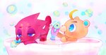 anthro bathing bathtub blonde_hair blue_eyes bubble_bath chibi duo freckles hair horn male purple_eyes red_body red_scales scales tan_body toy wind-up_toy nobinolife animal_crossing nintendo c.j._(animal_crossing) flick_(animal_crossing) beaver chameleon lizard mammal reptile rodent scalie 2020