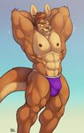 abs anthro armpit_hair big_bulge big_muscles biped body_hair brown_hair bulge clothed clothing colored dangaroo detailed_bulge digital_drawing_(artwork) digital_media_(artwork) eyes_closed eyewear glasses hair hands_behind_head hi_res huge_muscles jockstrap jockstrap_only kangaroo macropod male mammal marsupial muscular muscular_anthro muscular_male obliques partially_clothed pecs portrait purple_clothing purple_jockstrap purple_underwear smile solaxe_(artist) solo standing stretching tail thick_tail three-quarter_portrait three-quarter_view topless topless_anthro topless_male underwear underwear_only wearing_glasses