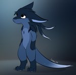 anthro biped blank_stare blue_body blue_fur blue_hair chibi claws fur hair horn long_hair male multicolored_body multicolored_fur sad solo standing tail tired giru_(artist) mythology giru_(giru) dragon furred_dragon furred_scalie mythological_creature mythological_scalie scalie