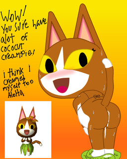 after_sex blush bodily_fluids brown_body brown_fur coconut cum cum_in_ass cum_inside cum_on_ground dialogue drupe_(fruit) female food fruit fur genital_fluids leaf_clothing leaking_cum looking_at_viewer looking_back plant simple_background solo sweat talking_to_viewer text yellow_eyes rob-posa animal_crossing nintendo fan_character domestic_cat felid feline felis mammal hi_res