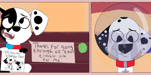 black_body black_fur black_spots blue_collar border bubble_helmet collar duo feral fur holding_drawing male pink_border red_collar speech_bubble spots toony white_body white_fur white_spots janey_poodle 101_dalmatian_street 101_dalmatians disney deepak_(101_dalmatians) dylan_(101_dalmatians) canid canine canis dalmatian domestic_dog mammal hi_res