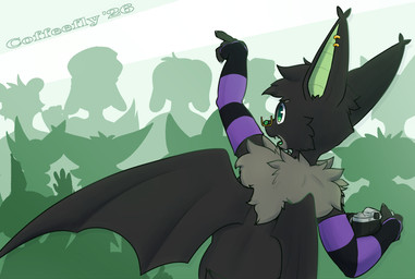 anthro arm_warmers armwear camera clothing crowd eyewear gesture glasses green_eyes group hand_gesture open_mouth piercing pointing wings coffeefly bat mammal hi_res