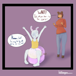 abdl anthro big_breasts bodily_fluids bottomwear breasts bulge clothing denim denim_bottomwear denim_clothing dialogue diaper diaper_squish duo feces female femboy genital_fluids gynomorph happy hooves intersex jeans male onomatopoeia pants paws potty soiled_diaper soiling sound_effects speech_bubble sweater text topwear training_potty unclean_diaper urine used_diaper wetting lolfunnyman renna_(lolfunnyman) snowy_(lolfunnyman) lagomorph leporid mammal rabbit 1:1 hi_res