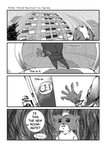 2020 4koma 5_fingers aniapt_(manga) anthro black_nose bodily_fluids cheek_tuft clothed clothing comic cute_fangs detailed_background dialogue digital_media_(artwork) door english_text facial_tuft fingers fisheye_lens fluffy fluffy_tail forced_smile four_frame_image greyscale hair hi_res inner_ear_fluff male mammal mephitid messy_hair monochrome multicolored_body nervous open_mouth outside screentone simple_background sitting skunk solo speech_bubble sweat sweatdrop tail tapirclip text textured_background topwear tuft two_tone_body