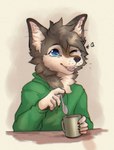 5_fingers anthro blue_eyes brown_body brown_fur cheek_tuft clothed clothing container cup cutlery facial_tuft fangs fingers fur green_clothing green_hoodie green_topwear grey_body grey_fur head_tuft holding_container holding_cup holding_mug holding_object holding_spoon hoodie inner_ear_fluff kitchen_utensils mug neck_tuft one_eye_closed solo spoon teeth tools topwear tuft white_body white_fur wink yshanii canid canine mammal 2024 digital_media_(artwork) hi_res