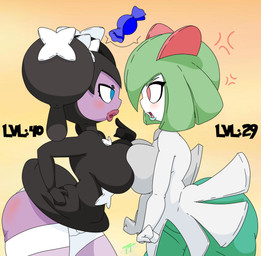 angry big_breasts big_butt black_body black_hair blue_eyes blush blush_lines breast_squish breasts butt duo eyelashes female green_body green_hair hair lips open_mouth orange_background purple_body red_eyes short_hair side_view simple_background squish thick_lips thick_thighs white_body wide_hips toughtips nintendo pokemon generation_3_pokemon generation_5_pokemon gothorita humanoid kirlia pokemon_(species) absurd_res hi_res