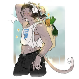 anthro bodily_fluids bottomwear bracelet brown_hair cellphone cigarette clothing cropped_tank_top dipstick_tail ear_piercing ear_ring electronics emanata grey_body grey_skin groceries hair headphones highlights_(coloring) holding_object jewelry long_tail male markings midriff motion_lines motion_outline muscular narrowed_eyes necklace nipples phone piercing pointy_ears raised_arm ring_piercing short_hair shorts simple_background smartphone smoke smoking smoking_cigarette solo sweat sweatdrop tail tail_markings white_highlights yellow_eyes ddcrushh dylan_(ddcrushh) felid feline mammal 1:1 digital_drawing_(artwork) digital_media_(artwork) hi_res trans_(lore) trans_man_(lore)