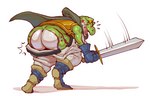 ambiguous_gender anthro biped butt clothed clothing green_body holding_object holding_weapon looking_back melee_weapon orange_sclera rear_view shadow simple_background solo sword weapon white_background ziran chrono_trigger square_enix glenn_(chrono_trigger) amphibian frog 2023 hi_res