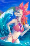 anthro beach bikini blush breasts clothed clothing female fur glistening glistening_body hair japanese looking_at_viewer mask outside pink_hair purple_body purple_fur scales sea seascape seaside sky smile solo swimwear tail thick_thighs two-piece_swimsuit water wave covarddappy capcom monster_hunter mythology dragon eastern_dragon leviathan_(mh) mizutsune mythological_creature mythological_scalie scalie 2023 detailed digital_media_(artwork) hi_res portrait shaded signature