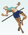 anthro bottomwear breasts clothing female fur gymnastics high_jump markings midriff navel panties pawpads shorts solo spots spotted_body spotted_fur under_boob underwear upshirt wetchop felid jaguar mammal pantherine hi_res