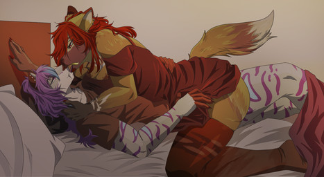 anthro big_breasts big_butt blue_eyes blush bottomwear breasts brown_body brown_fur butt clothing dominant dominant_female duo female female/female fur grope hair heterochromia huge_breasts open_mouth purple_hair sex simple_background smile stripes submissive tail thick_thighs tongue topwear white_background wide_hips lisikazima rakzorg african_wild_dog canid canine felid leopard mammal pantherine tiger hi_res