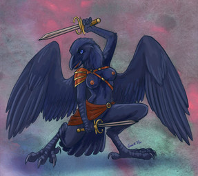 3_toes anthro areola armor avian_arms avian_feet beak blue_body blue_eyes blue_feathers breasts claws clothing dagger feathered_wings feathers feet female half-skirt holding_object holding_weapon ineffective_clothing melee_weapon nipples non-mammal_breasts non-mammal_nipples scuted_arms scuted_hands scutes simple_background solo talons toe_claws toes weapon wings caribou_(artist) elenora_(bahumot) avian bird corvid corvus_(genus) oscine passerine raven 2014