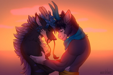 anthro duo eyes_closed horn male male/male scarf side_view smile milkshakefrappucino mythology bovid caprine dragon eastern_dragon goat mammal mythological_creature mythological_scalie scalie