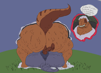 anthro anus balls bedding big_butt blanket blue_anus blue_body bodily_fluids bouncing_balls butt cellulite clenched_teeth clothed clothing crouching dress duo elderly elderly_anthro elderly_gynomorph eyes_closed from_front_position genitals grass gynomorph huge_butt intersex lying mating_press on_back orange_body penetration penis plant plump_labia raised_clothing raised_dress raised_tail scrotum_flap sex simple_background small_balls small_penis smile speech_bubble sweat sweating_profusely tail teeth thick_thighs vaginal vaginal_penetration vein veiny_penis vulva white_clothing white_dress wide_hips nauiho dinosaur prehistoric_species reptile saurischian scalie theropod tyrannosaurid tyrannosauroid tyrannosaurus digital_drawing_(artwork) digital_media_(artwork) sketch