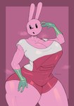 anthro big_breasts bodily_fluids breasts cleavage clothed clothing female fur gloves handwear overalls pink_body pink_fur simple_eyes simple_face solo steam sweat thick_thighs theatneg wow!_wow!_wubbzy! widget lagomorph leporid mammal rabbit absurd_res hi_res