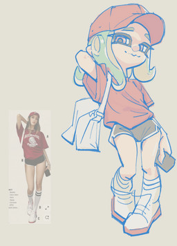 baseball_cap boots bottomwear clothing eyebrows female footwear hand_behind_head hat headgear headwear holding_object hotpants looking_at_viewer orange_eyes pseudo_hair raised_eyebrows shirt shoes shorts simple_background sling_bag solo suckers t-shirt tentacle_hair tentacles topwear wavy_mouth ratpower nintendo splatoon animal_humanoid aquatic aquatic_humanoid cephalopod cephalopod_humanoid humanoid mollusk mollusk_humanoid octarian octoling octopus_humanoid digital_drawing_(artwork) digital_media_(artwork) reference_image sketch